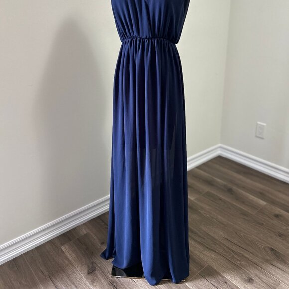 EUC Popygum Navy Blue Plunging Neckline Gala Dress, Wedding Guest Dress, Maxi - Picture 3 of 9